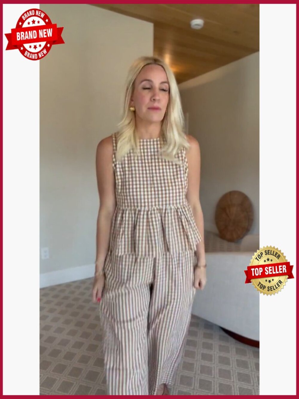 Gingham 2 Piece Lounge Set - Tank Top & Wide Leg Pants - Picture 7 of 7
